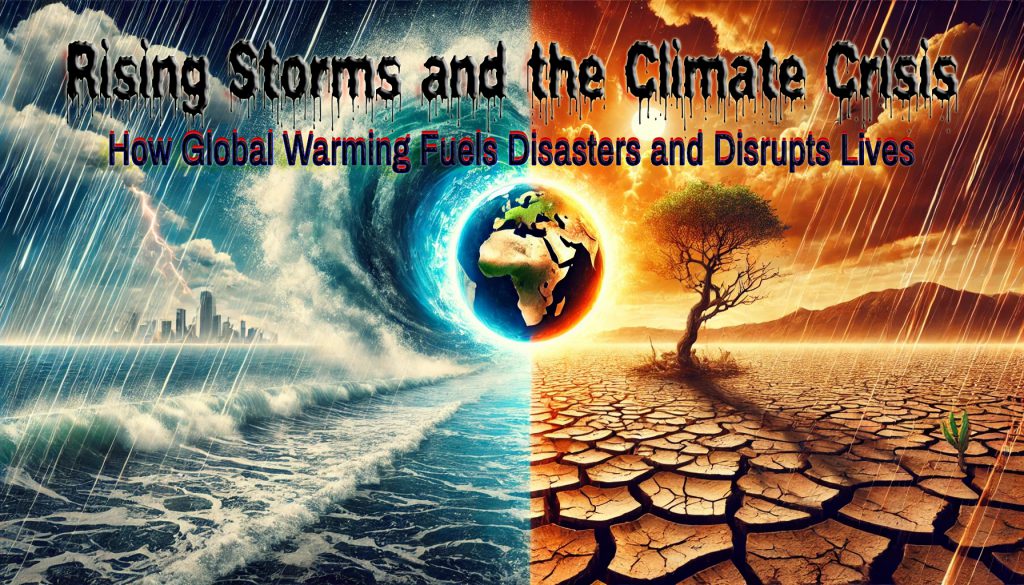 Visual representation of the climate crisis with stormy skies, wildfire flames, and flooded landscapes highlighting global natural disasters.