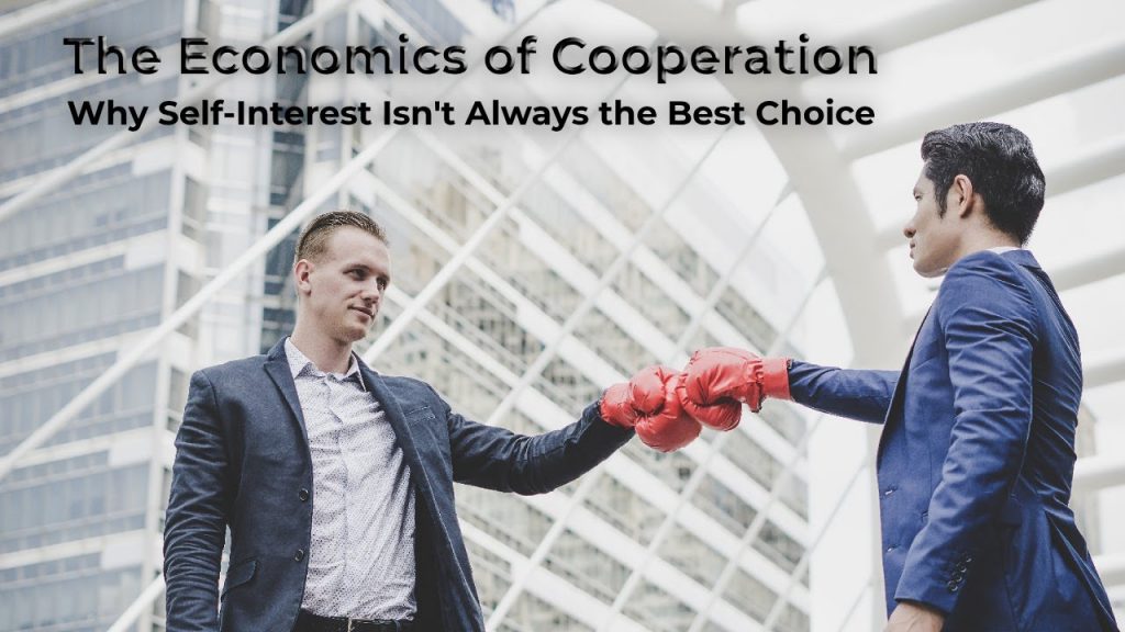 Two business partners shaking hands to symbolize cooperation in economics, contrasting self-interest and collaborative success.