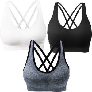 AKAMC 3 Pack Cross Back Wirefree Removable Cups Yoga Sport Bra