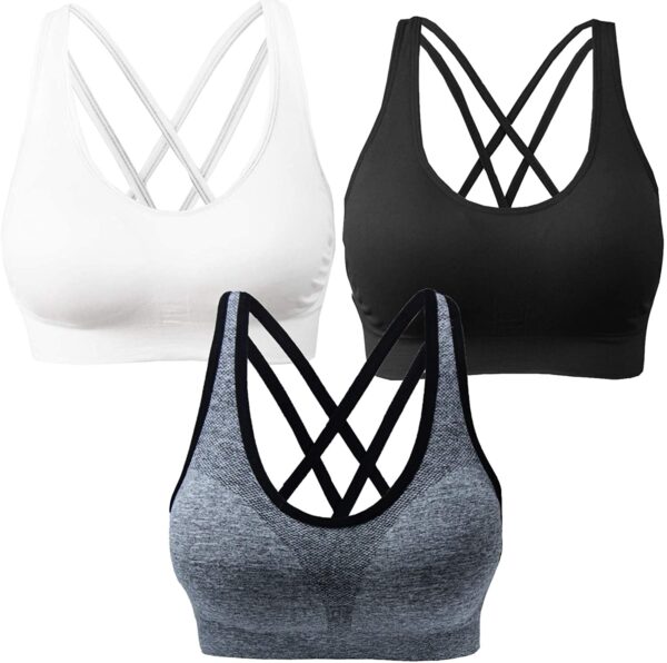 AKAMC 3 Pack Cross Back Wirefree Removable Cups Yoga Sport Bra