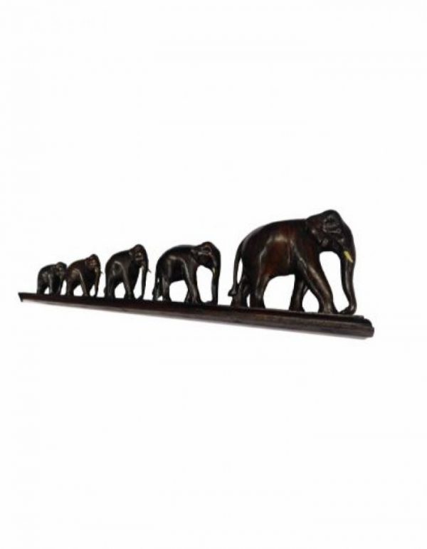 Hand Carved Wooden Elephants In A Row Scultpture 18-in