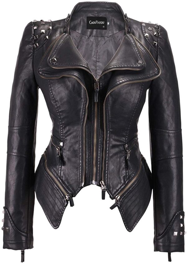 chouyatou Fashion Studded Perfectly Shaping Faux Leather Biker Jacket