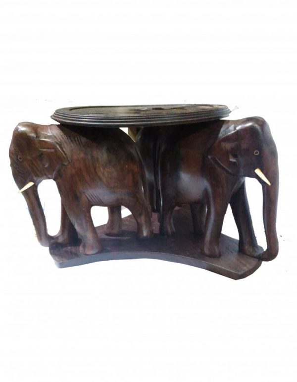 Rose Wood Sculpture ''Three Elephants Supporting Table'' 4-in