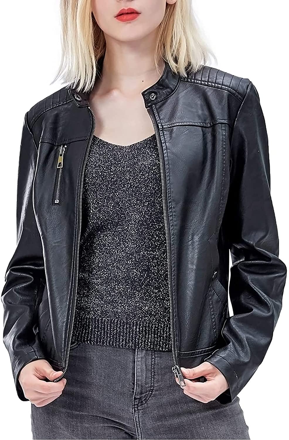 Fahsyee Women's Faux Leather Jackets, Zip Up Motorcycle Short
