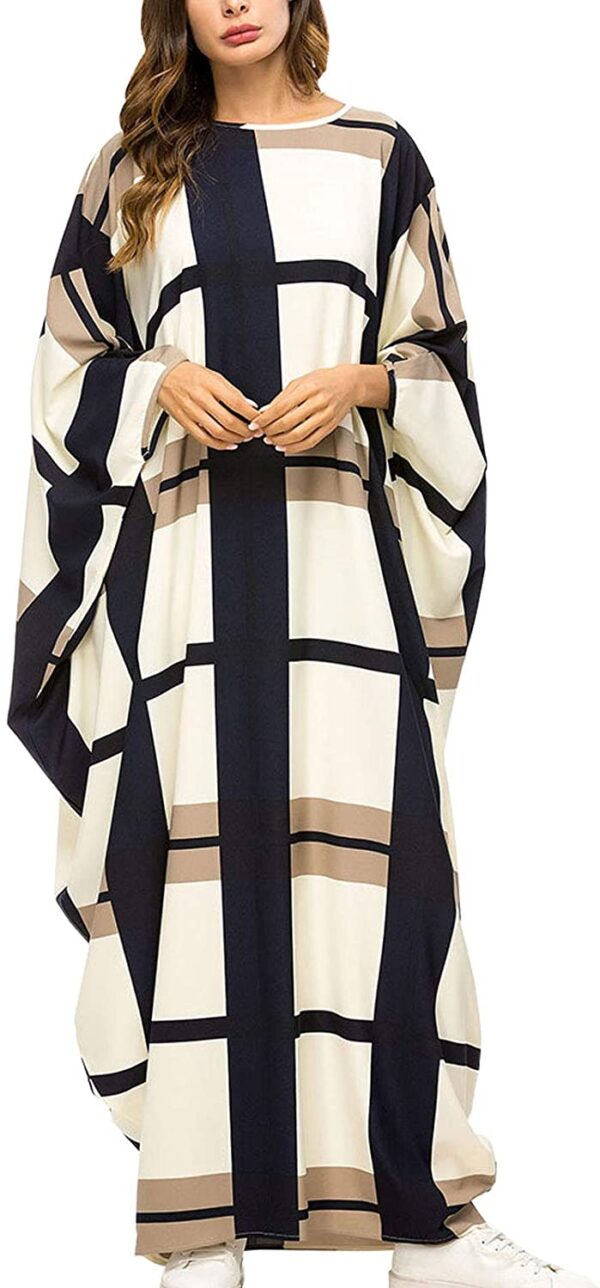 Flygo Batwing Plaid Floral Long Short Sleeves Oversized Maxi Dress