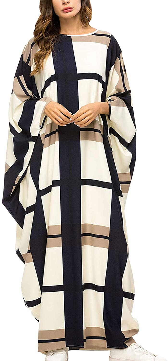 Flygo Batwing Plaid Floral Long Short Sleeves Oversized Maxi Dress