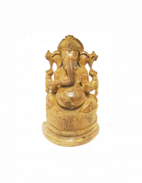 Teak Wood Carved Lord Ganesha Statue - 10-inch