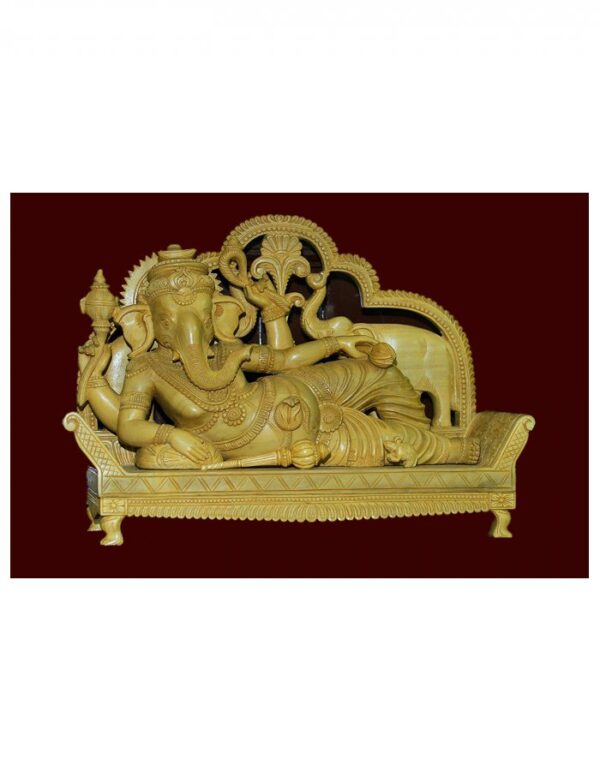 Wooden ''Lord Ganesa Lying On Peedam'' Statue 24-in X 27-in