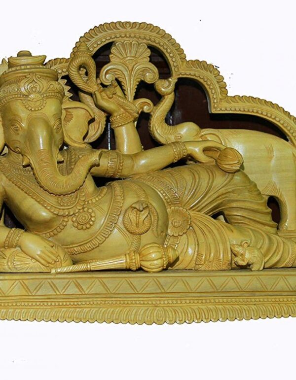 Wooden ''Lord Ganesa Lying On Peedam'' Statue 24-in X 27-in - Image 2