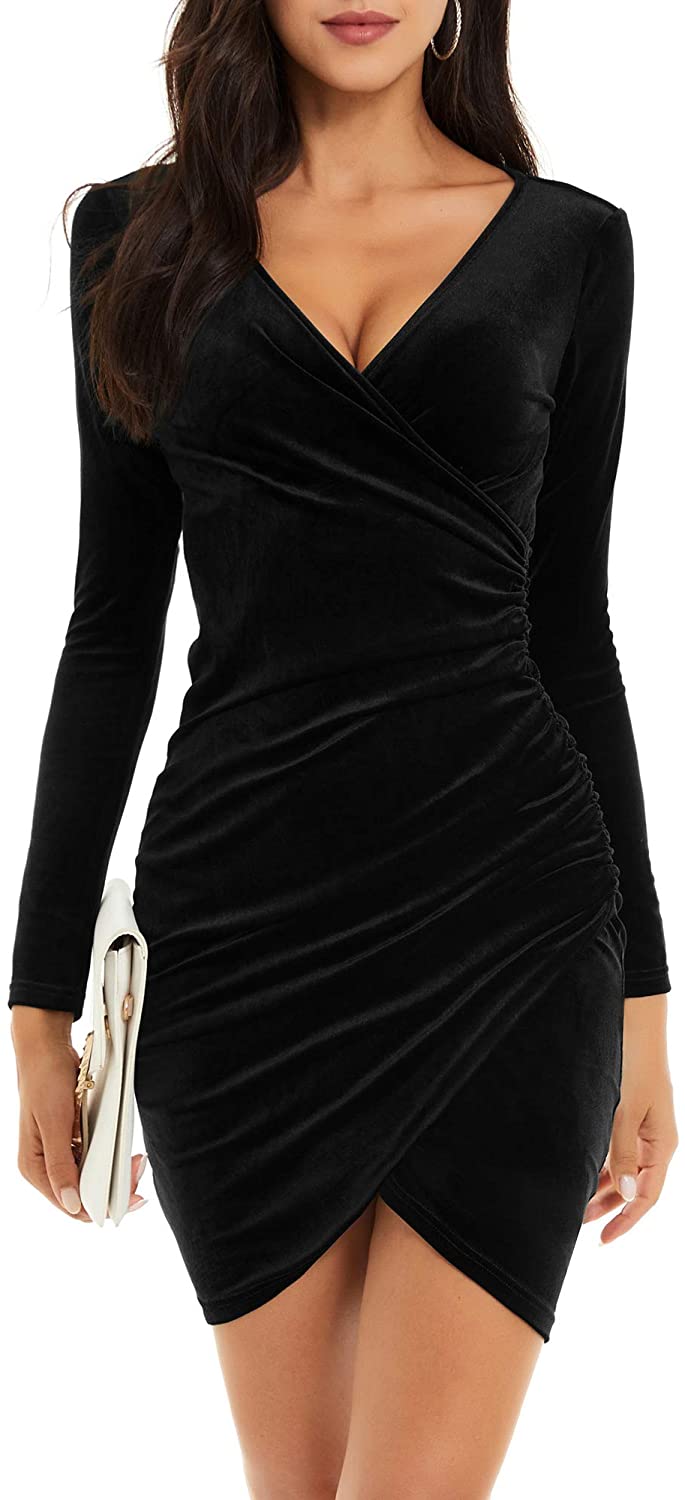 GUBERRY Womens Wrap V Neck Long Sleeve Velvet Bodycon Ruched