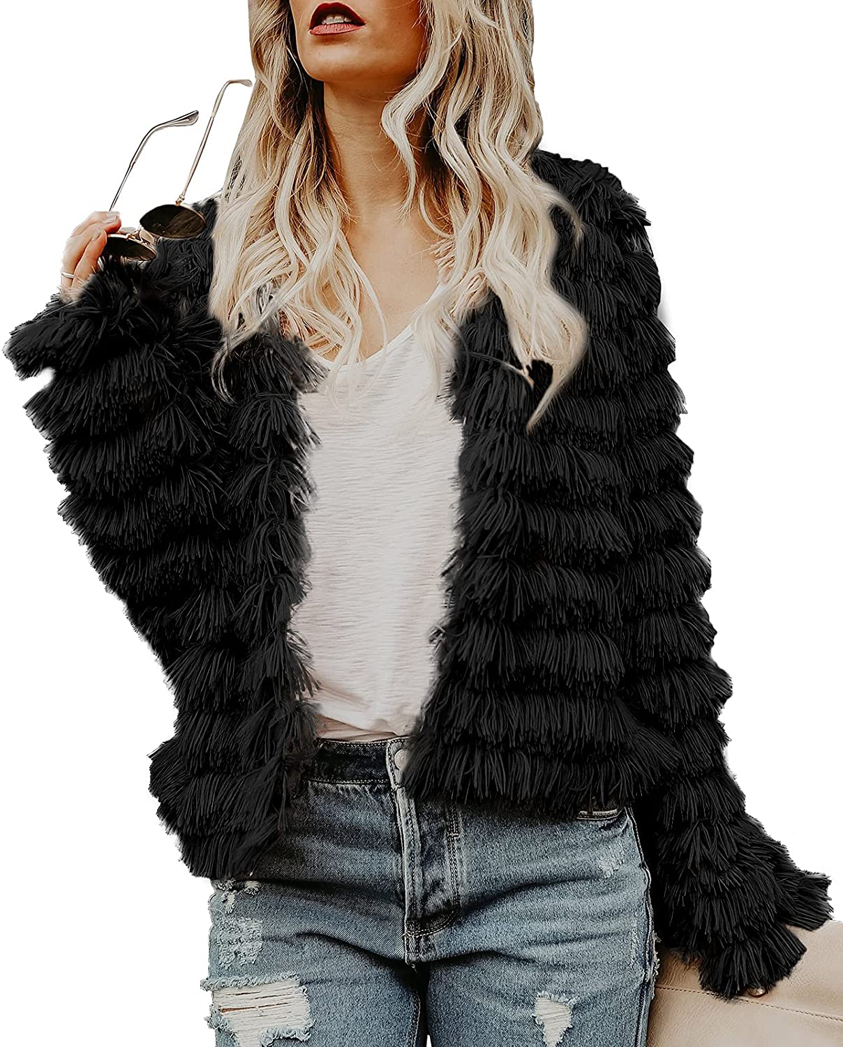 Inorin Womens Fall Open Front Cardigan Faux Fur Coat Vintage Parka