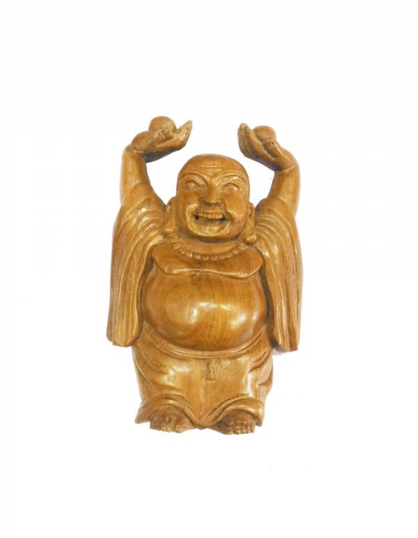 Teak Wood Carved Laughing Budha Statue - 6-inch