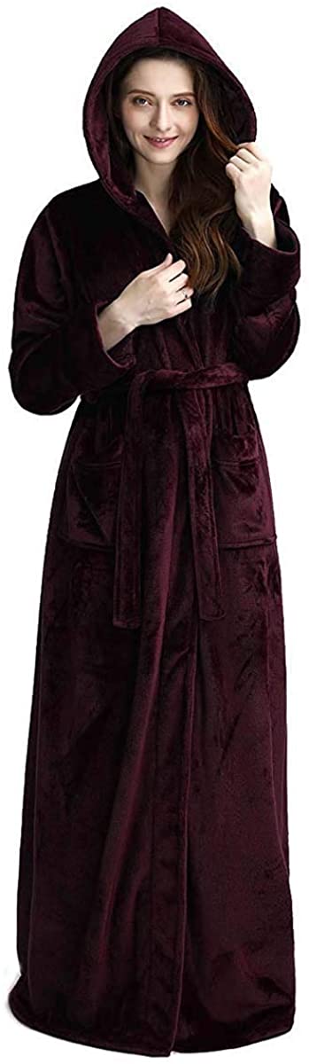 Long Hooded Robe for Women Flannel Fleece Full Length Nightgown