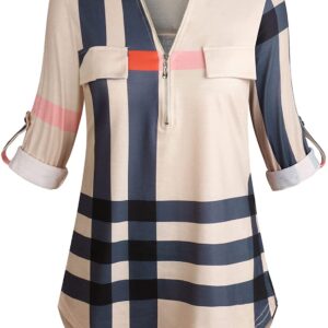 Moyabo Women's 3/4 Cuffed Sleeve Zipped V Neck Shirt Blouses