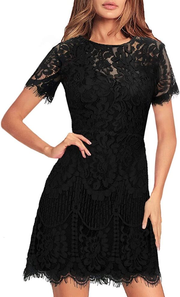 MSLG Women's Round Neck V-Back Floral Lace A Line Dress
