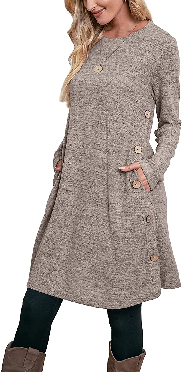 OFEEFAN Women's Long Sleeve Dress with Pockets Buttons Side