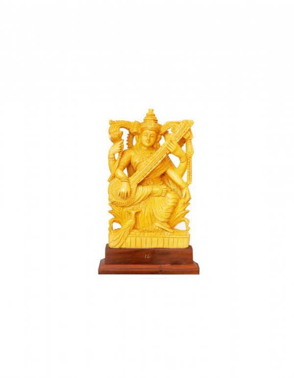Beautiful Wooden ''Goddess Saraswathy'' Statue 12-in