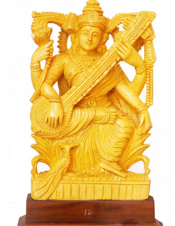 Beautiful Wooden ''Goddess Saraswathy'' Statue 12-in - Image 2