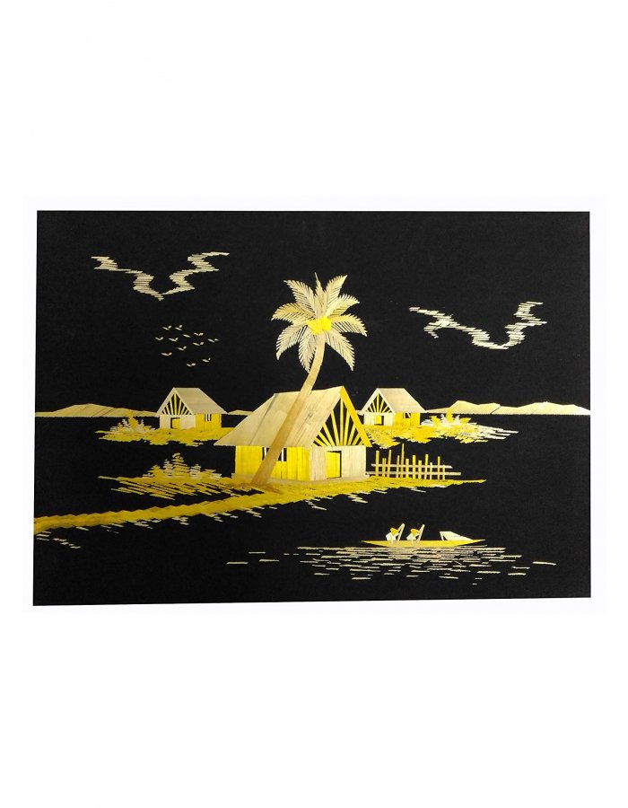 Wall Art Scenery Made Of Straws ''River Bay Three Homes'' 14-in X 10-in