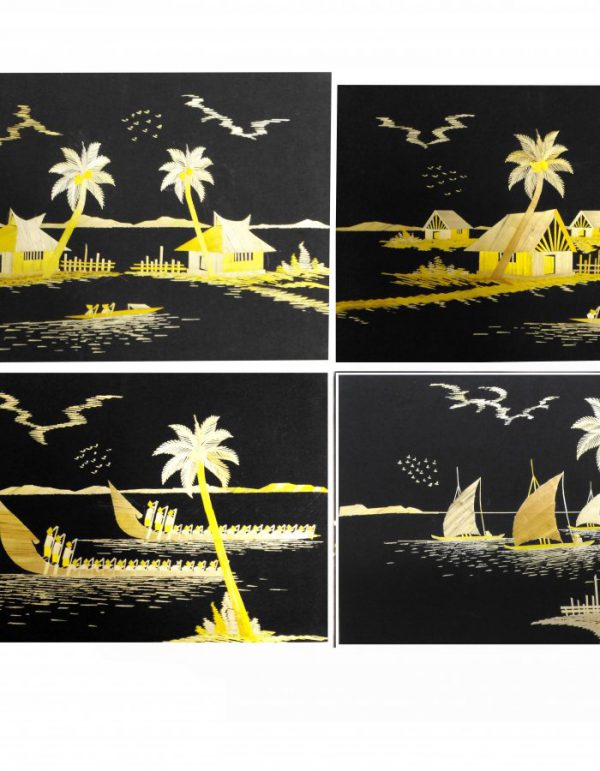 4 Sets Wall Art Scenery Made Of Straws ''River Bay Home'' 18-in X 12-in