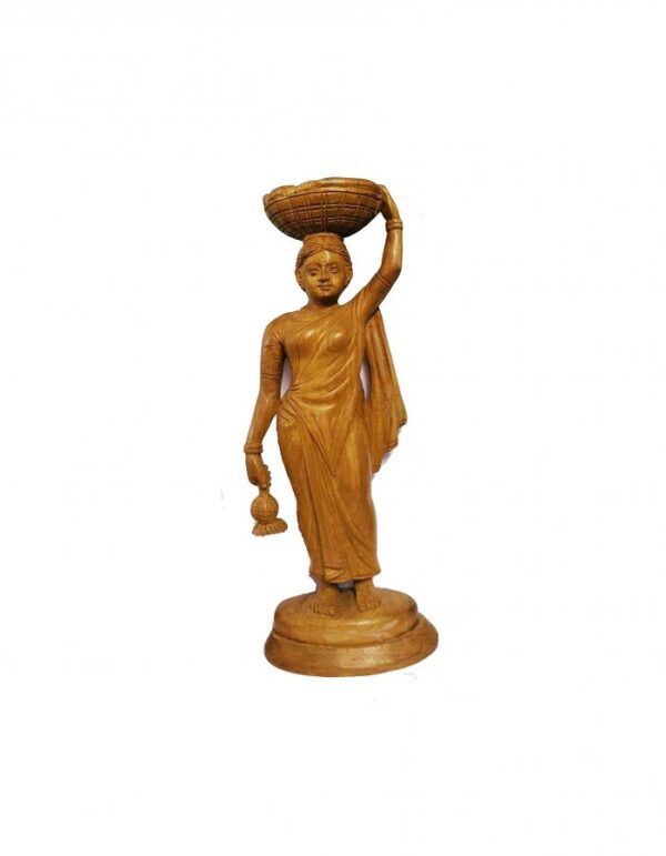 Teak Wood Carved Lady With Vegetables Statue