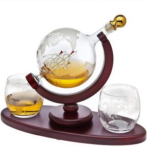 Whiskey Decanter Globe Set with 2 Etched Globe