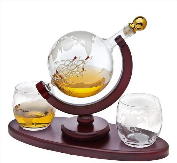 Whiskey Decanter Globe Set with 2 Etched Globe