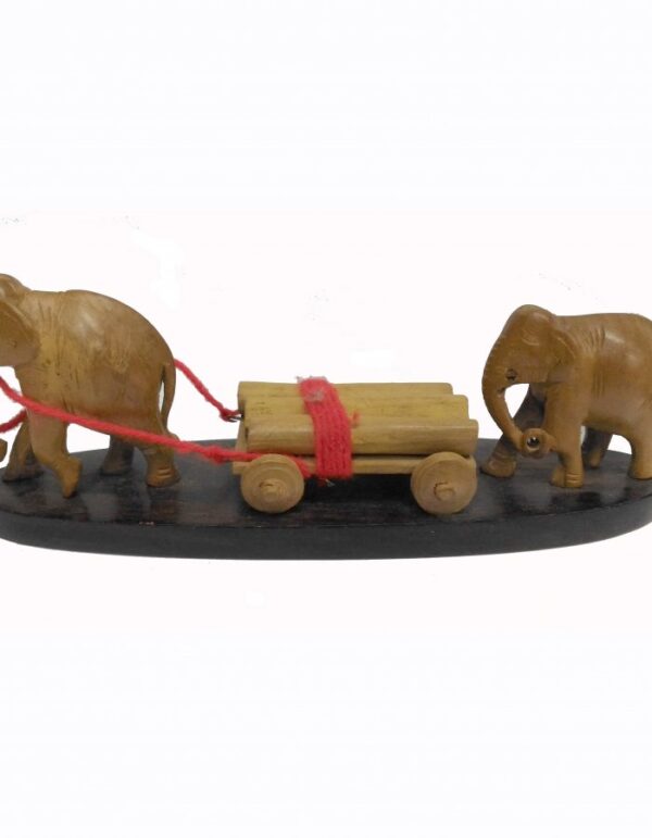 Hand Carved Sandal Wood Elephant Pulling Log Statue 7-inch - Image 2