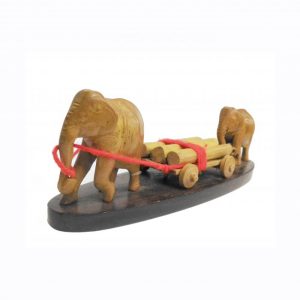 Hand Carved Sandal Wood Elephant Pulling Log Statue 7-inch