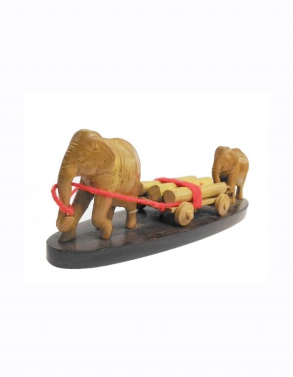 Hand Carved Sandal Wood Elephant Pulling Log Statue 7-inch