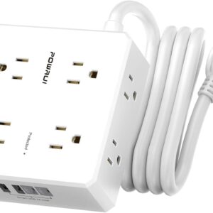 White POWRUI eight-outlet surge protector with USB ports, coiled cable and flat plug