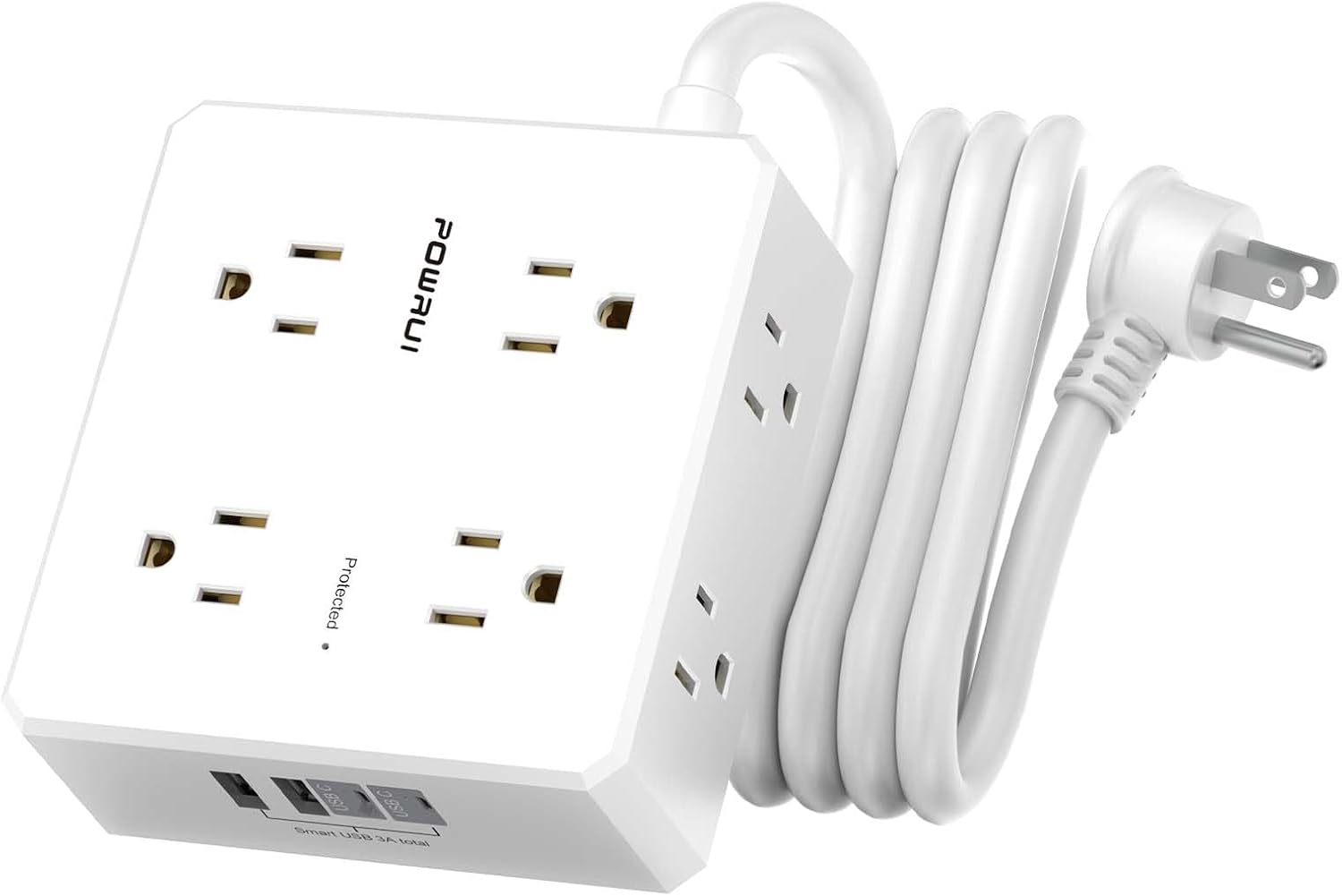 White POWRUI eight-outlet surge protector with USB ports, coiled cable and flat plug