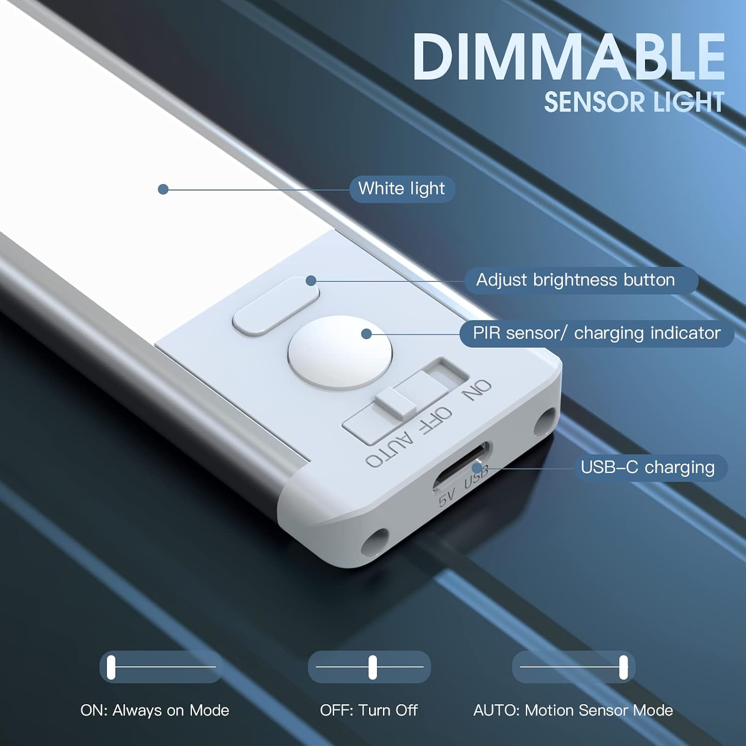 MCGOR cabinet light with brightness button, motion sensor, mode switch and USB-C charging port