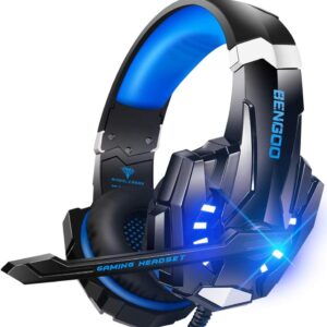Blue and black BENGOO G9000 over-ear gaming headset with boom microphone and illuminated earcups