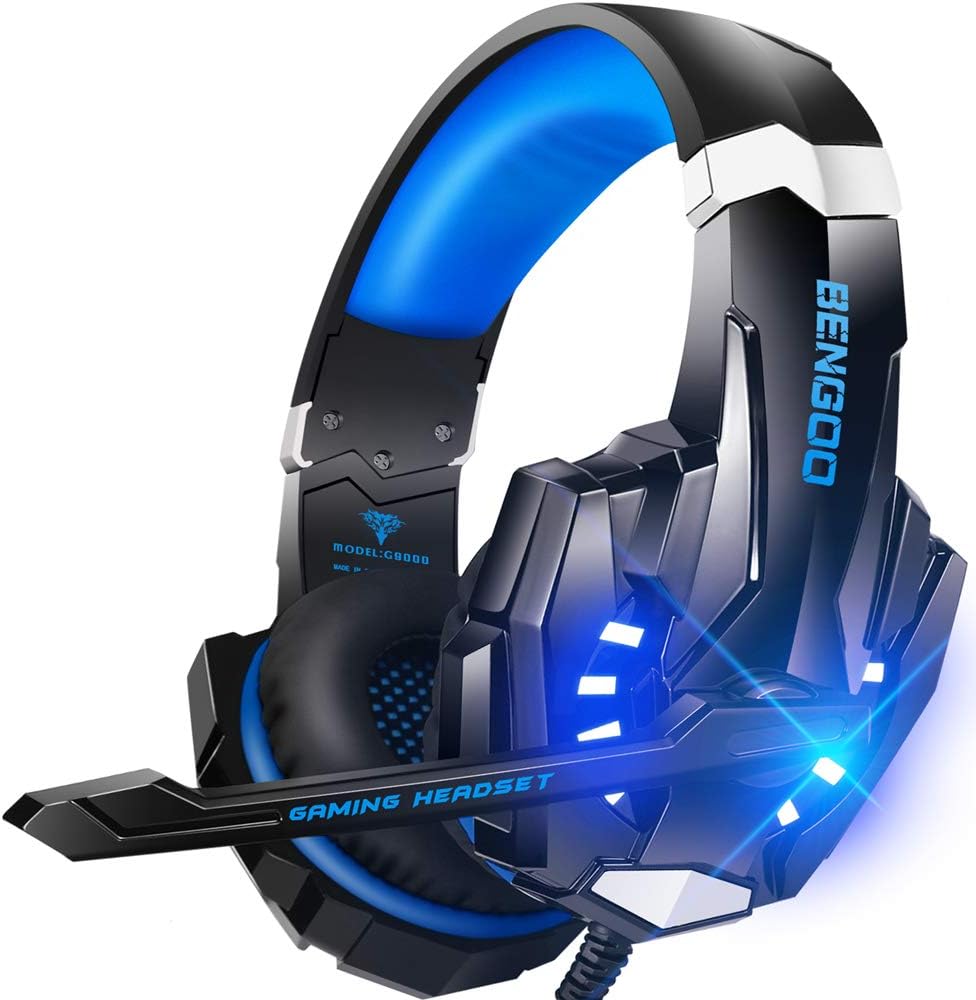 Blue and black BENGOO G9000 over-ear gaming headset with boom microphone and illuminated earcups