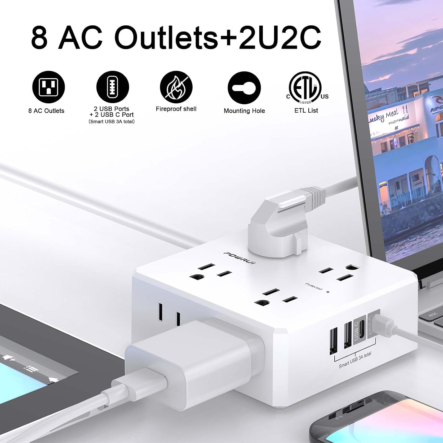 POWRUI power strip showing eight AC outlets, two USB-A ports and two USB-C ports