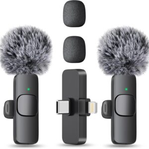 Two MAYBESTA clip-on wireless microphones with windscreens and a USB-C and Lightning receiver