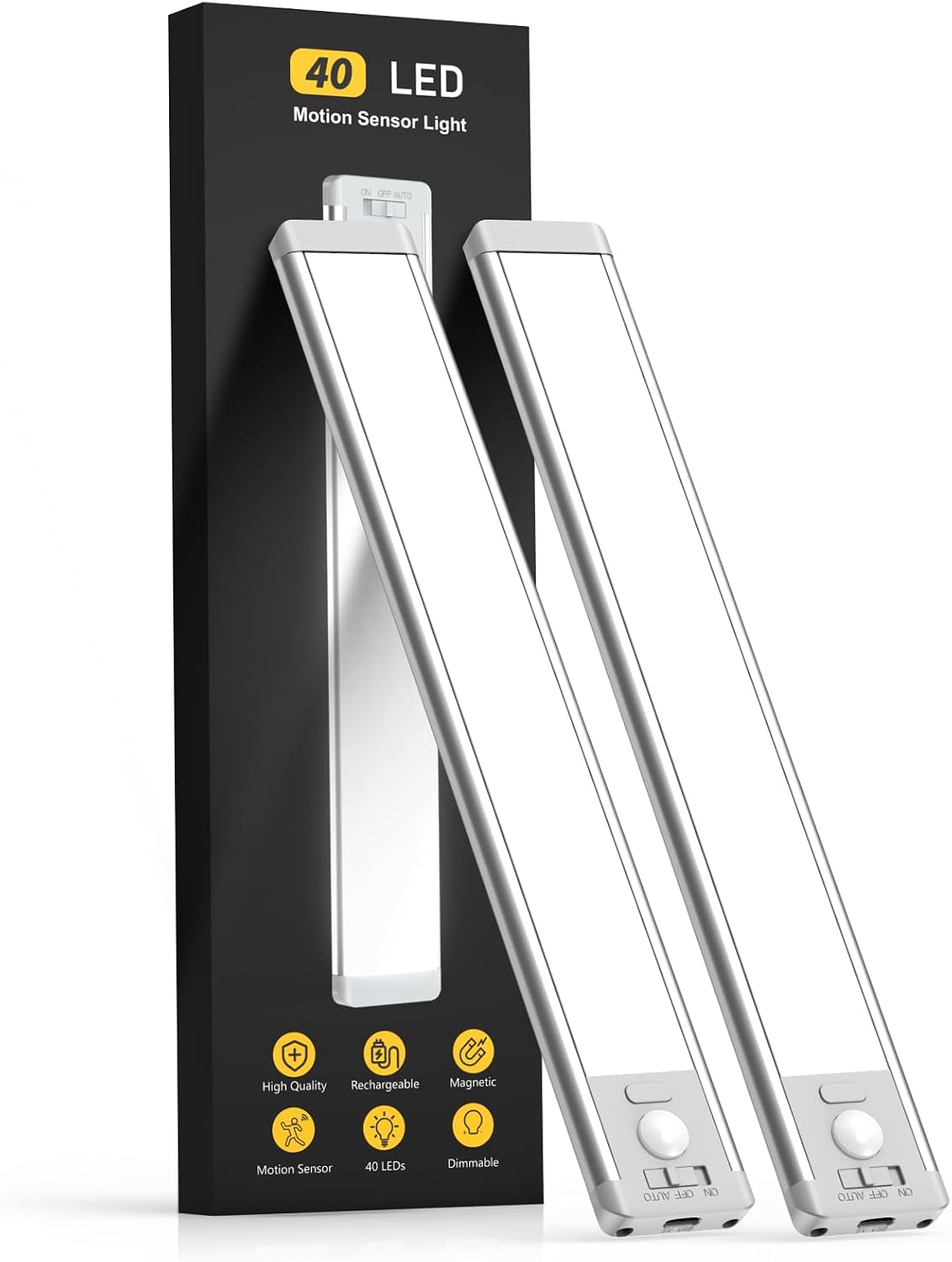 Two MCGOR rechargeable cabinet lights with motion sensors and their packaging