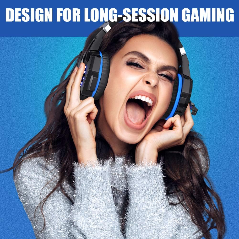 A person wearing the blue BENGOO G9000 gaming headset and holding one earcup