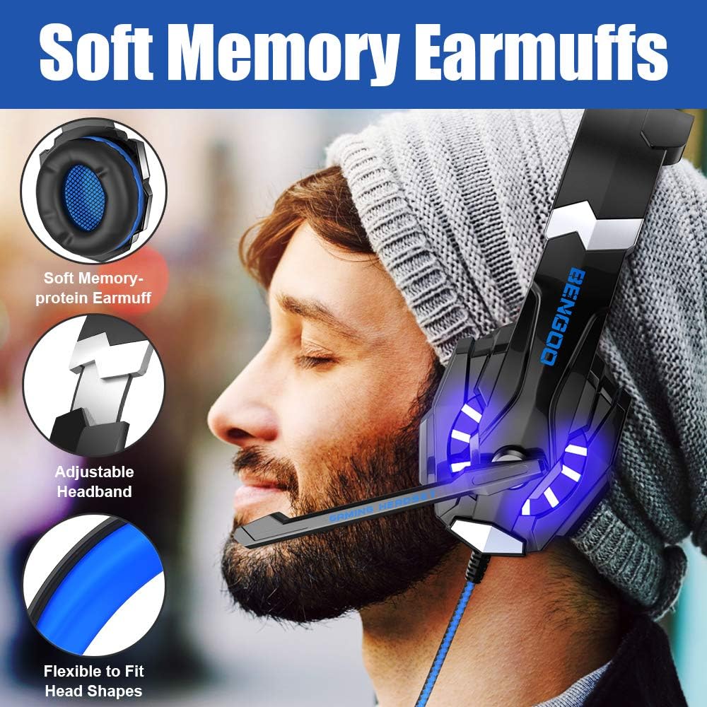 BENGOO G9000 headset worn during use, with inset views of its ear cushion and adjustable headband