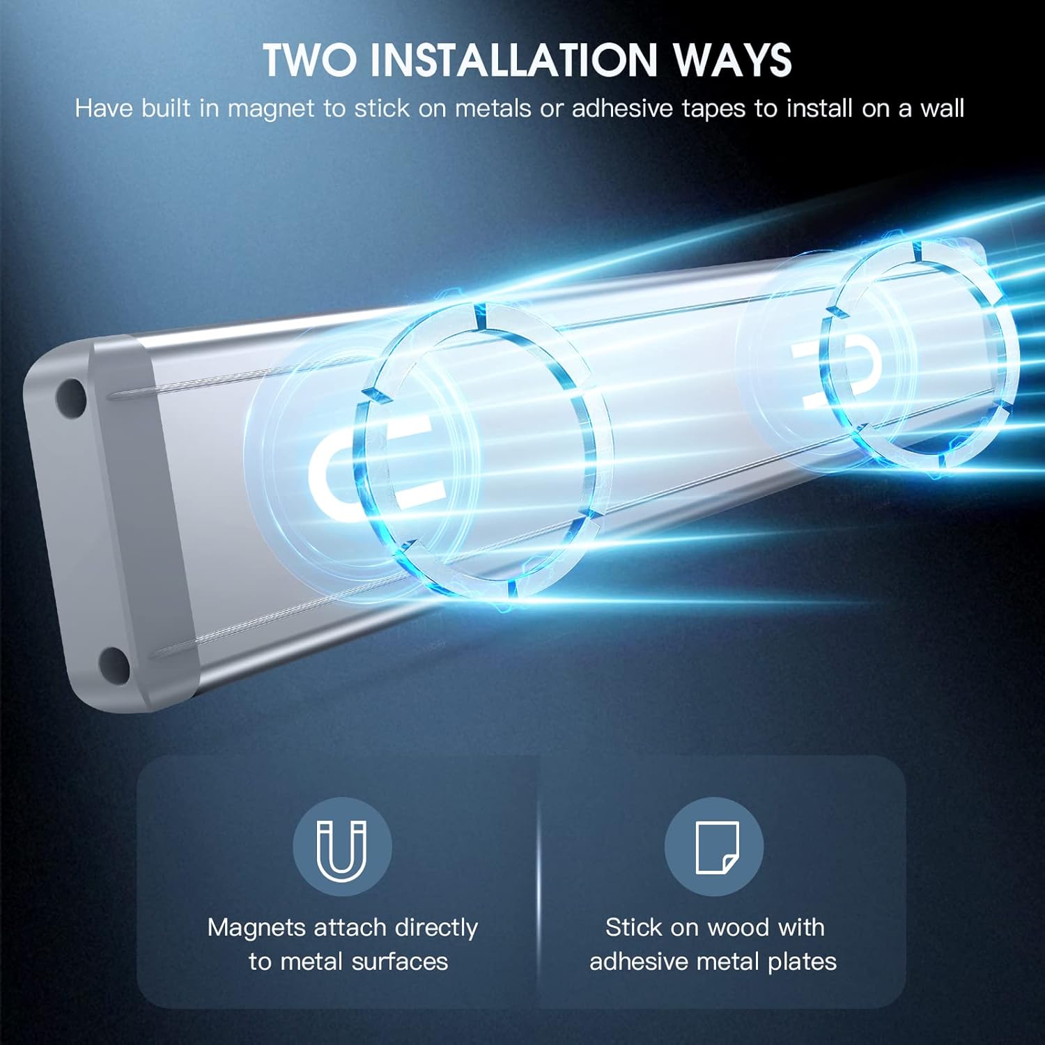 MCGOR cabinet light diagram showing magnetic mounting and adhesive metal plates