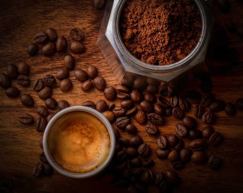 Espresso, ground coffee and roasted coffee beans