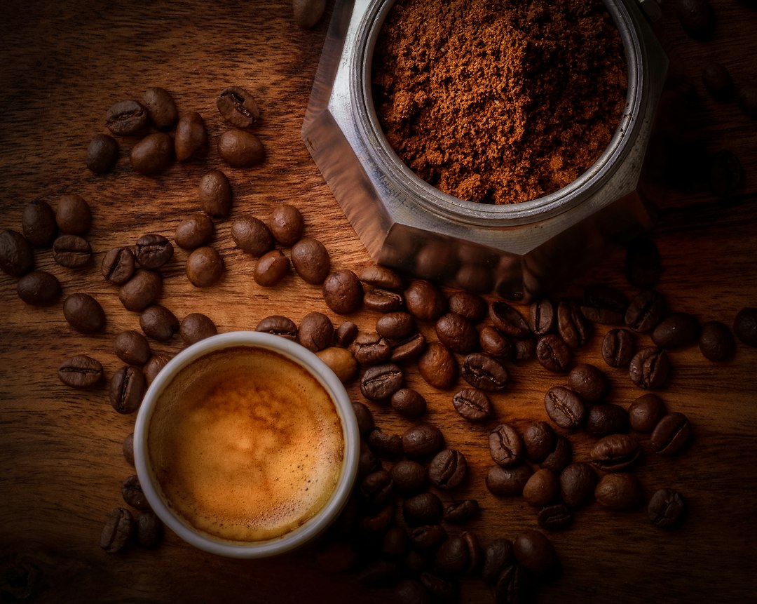 Espresso, ground coffee and roasted coffee beans